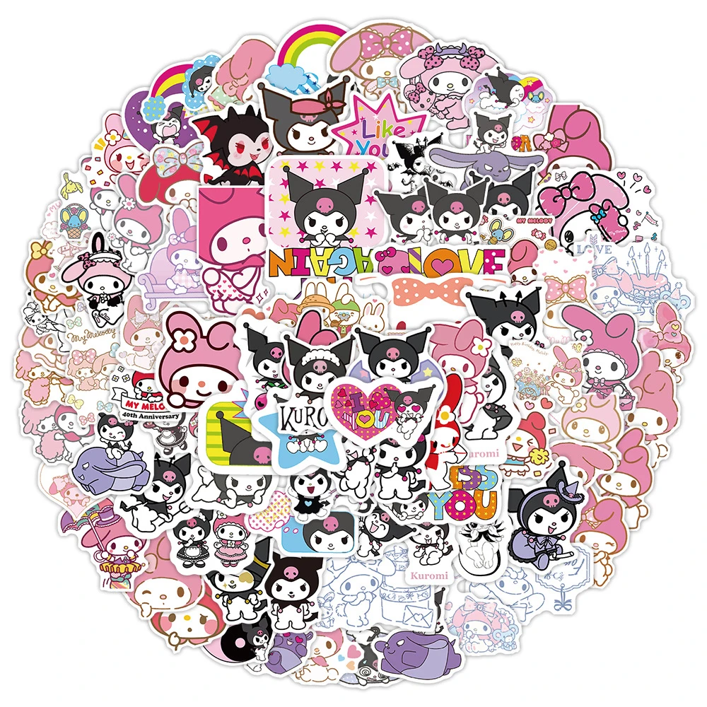 10/30/50/100 pçs sanrio anime minha melodia kuromi adesivos bonito dos desenhos animados decalques para crianças brinquedo diy garrafa de água telefone notebook decalques