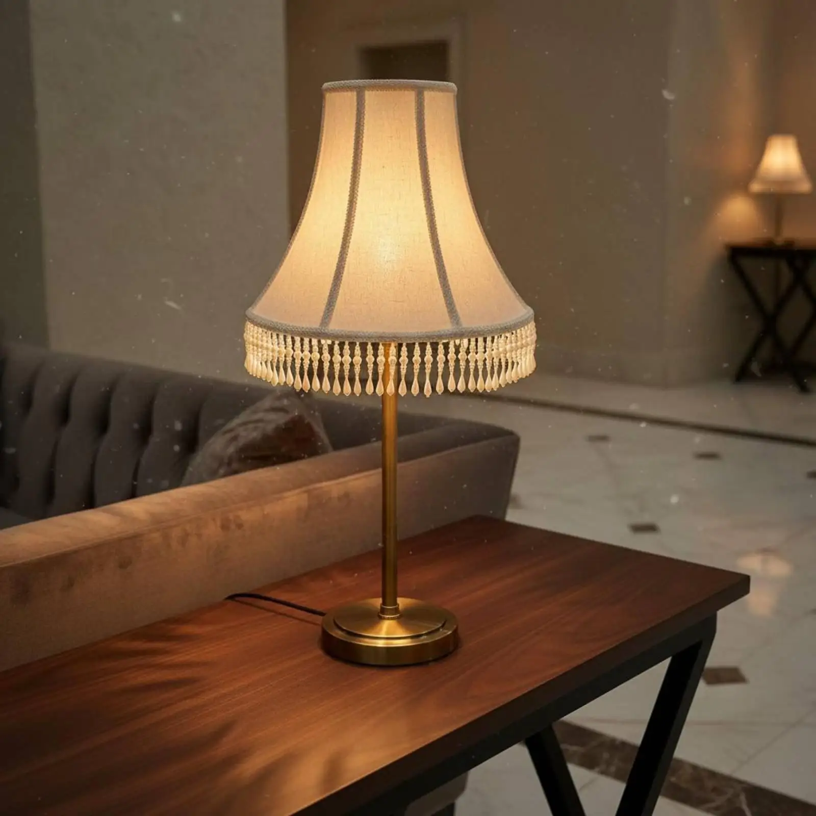 Linen Lampshade Provincial Chic Beaded Tassel Vintage Style Lamp Shade for Table or Standing Lamp Decor