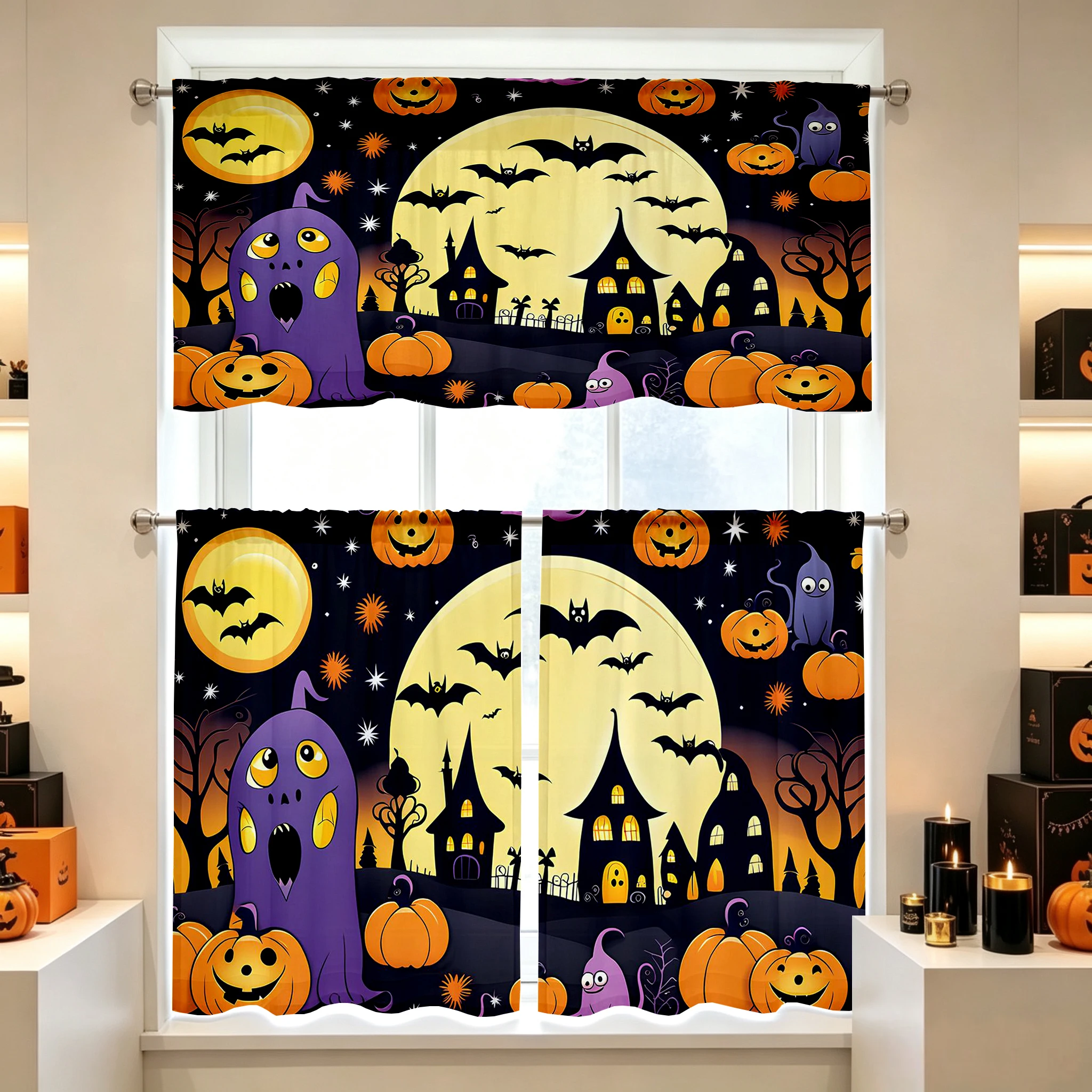 Halloween Fall Kitchen Curtains, Ghost Haunted House, Digital Print, Kitchen Dining Room, Rod Pocket Polyester, Home Decor