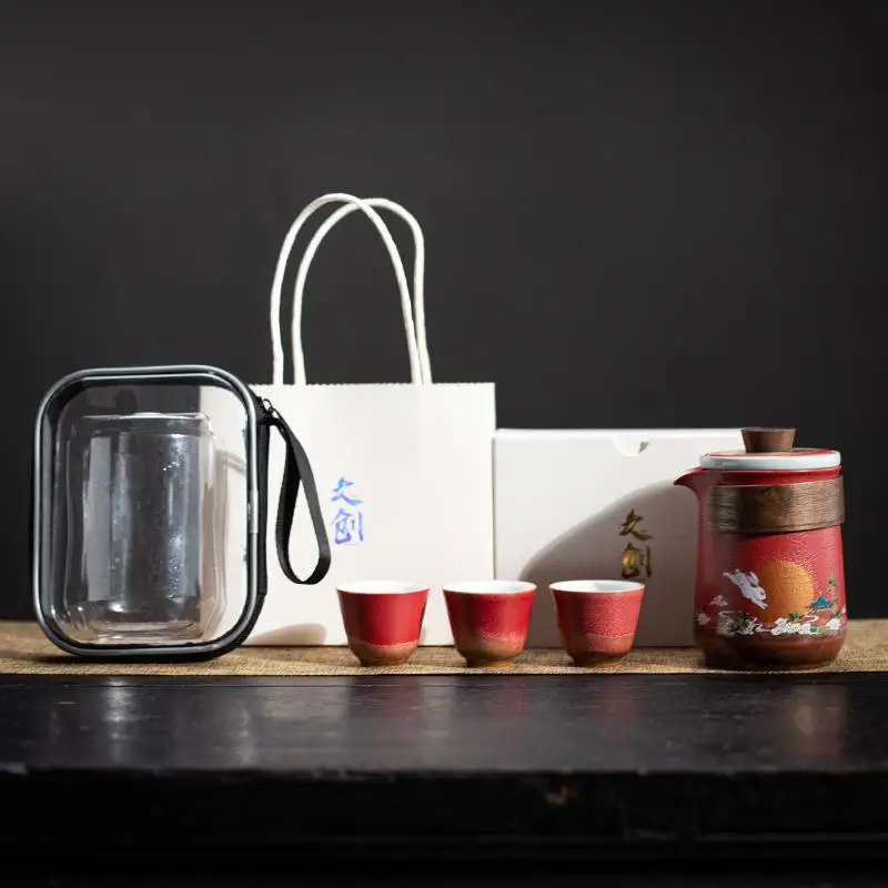 

Portable Travel Tea Set Outdoor Simple One Pot Three Cups Quick Guest Cup Karate Ceramic Tea Utensils Set Autumn Aesthetic Color