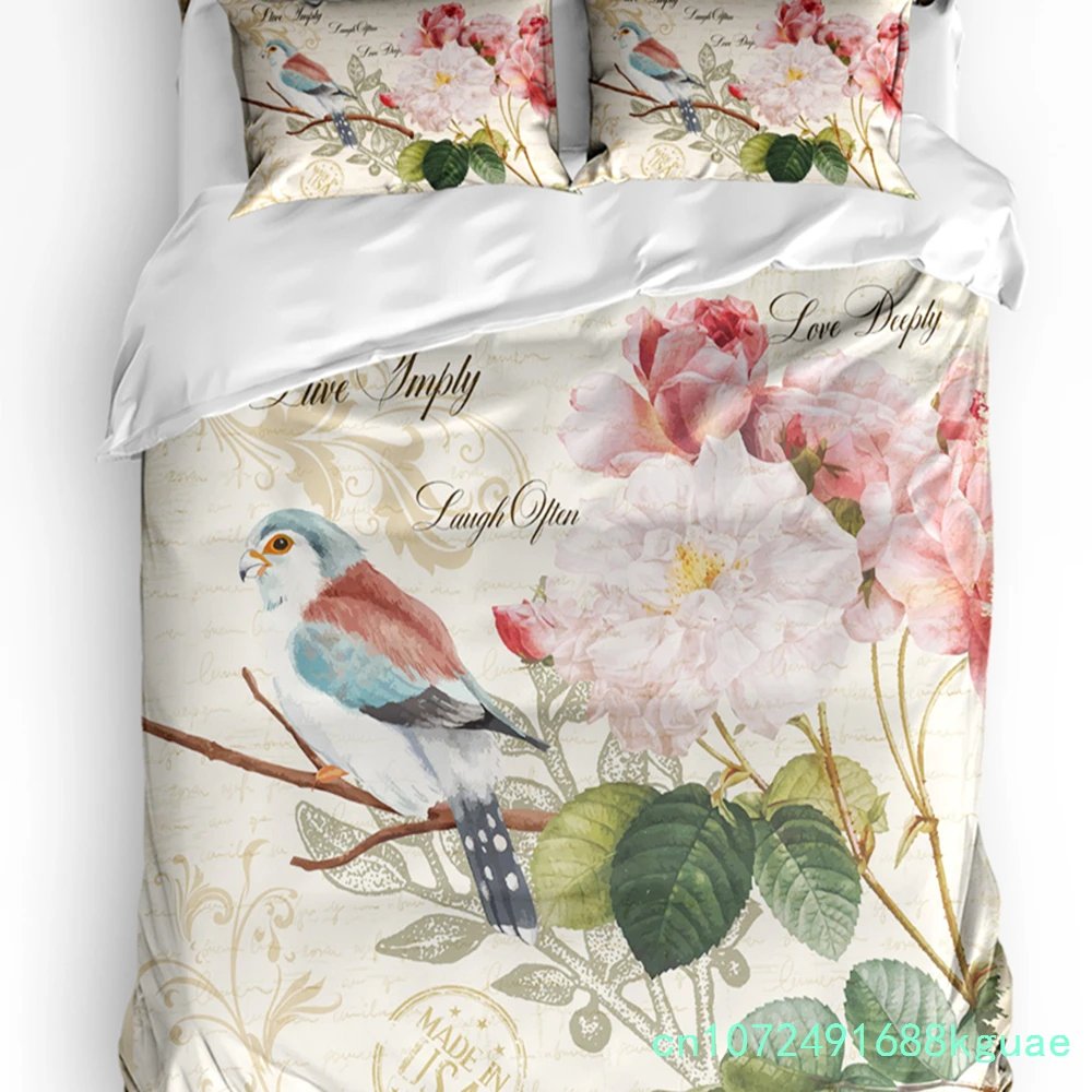 Vintage Letter Bird Rose Flower Retro Duvet Cover With Pillow Case Custom 3pcs Bedding Set Quilt Cover Double Bed Home Textile