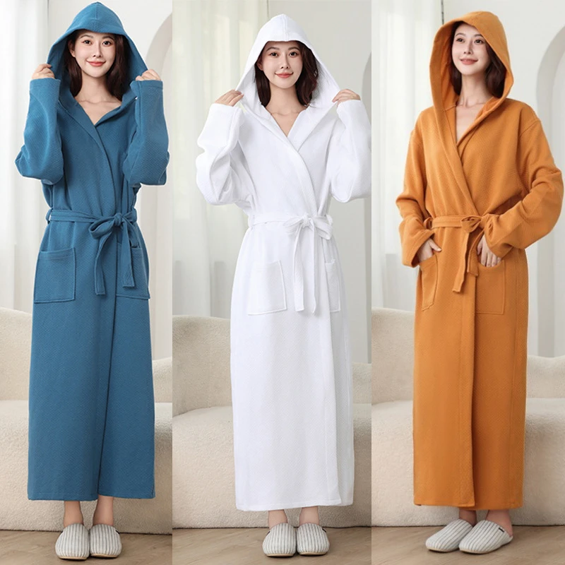 

Удлиненная женская ночная рубашка с капюшоном, одежда для сна, женская домашняя одежда из чистого хлопка, халат, кимоно, однотонный халат для отеля