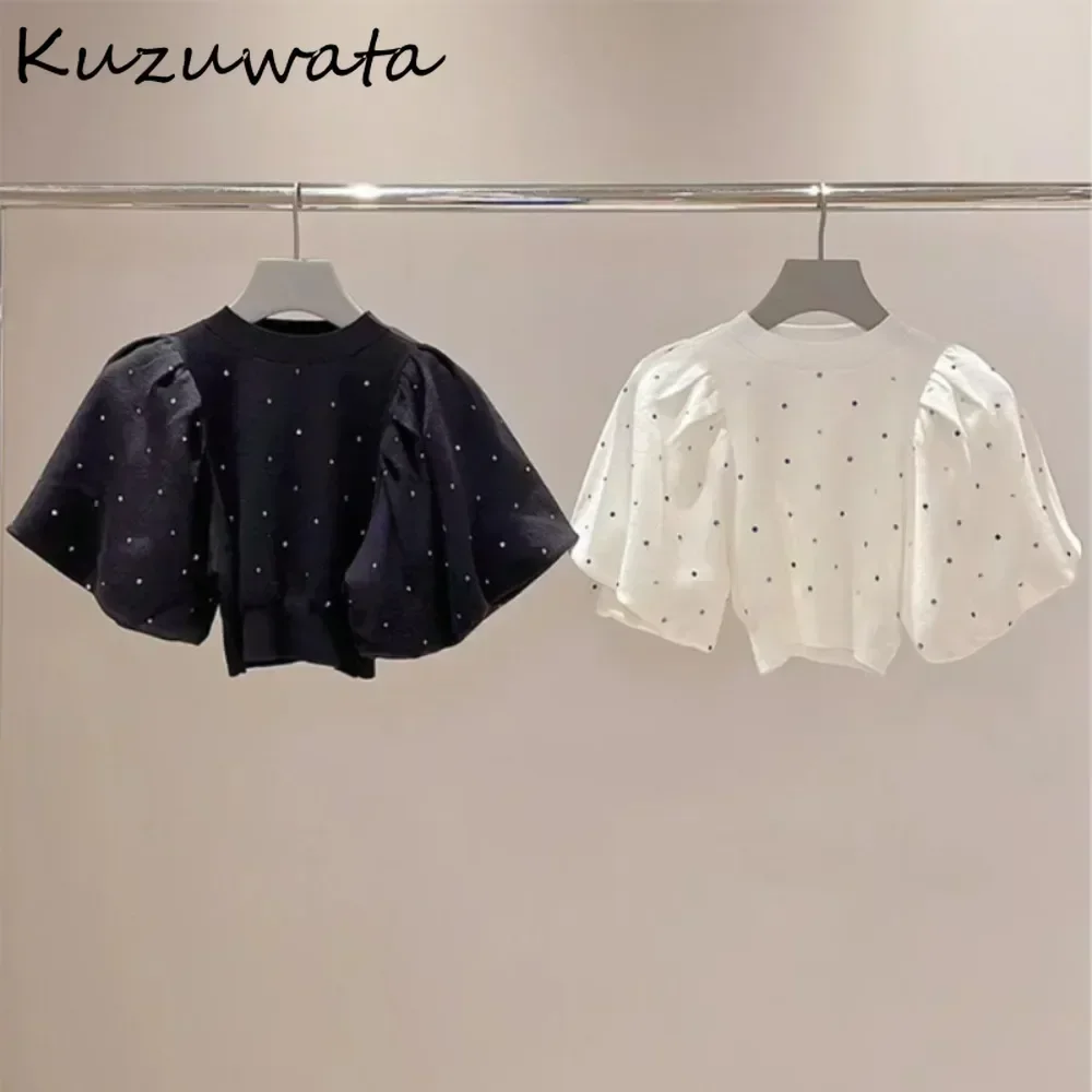 Kuzuwata Early Autumn New O Neck Puff Sleeve Jumper All-match Exquisite Diamonds Sweet Pullover Japan Moda Fresh Knit Sweaters