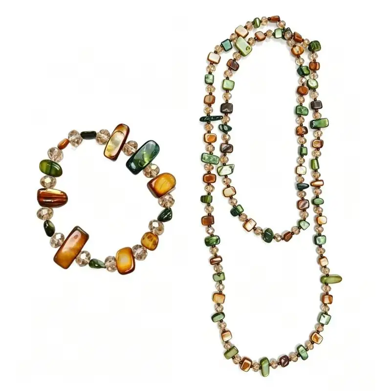 2PCS Bohemian Style Colorful Shell Long Necklace Bracelet Set for Women Vintage Layering Clavicle Chain Bracelet Jewelry Gift