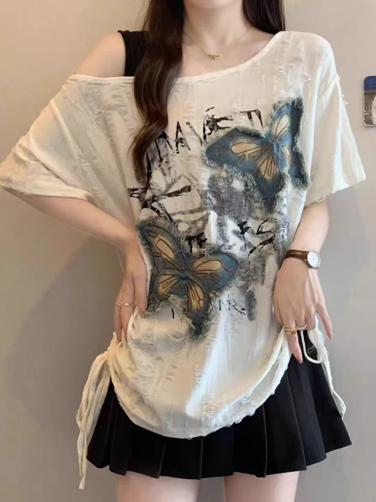 

Aesthetic Vintage T-shirts Women Harajuku Y2k 2000s Sexy Style Off Shoulder Tops Short Sleeve Fashion Design Grunge Clothing New