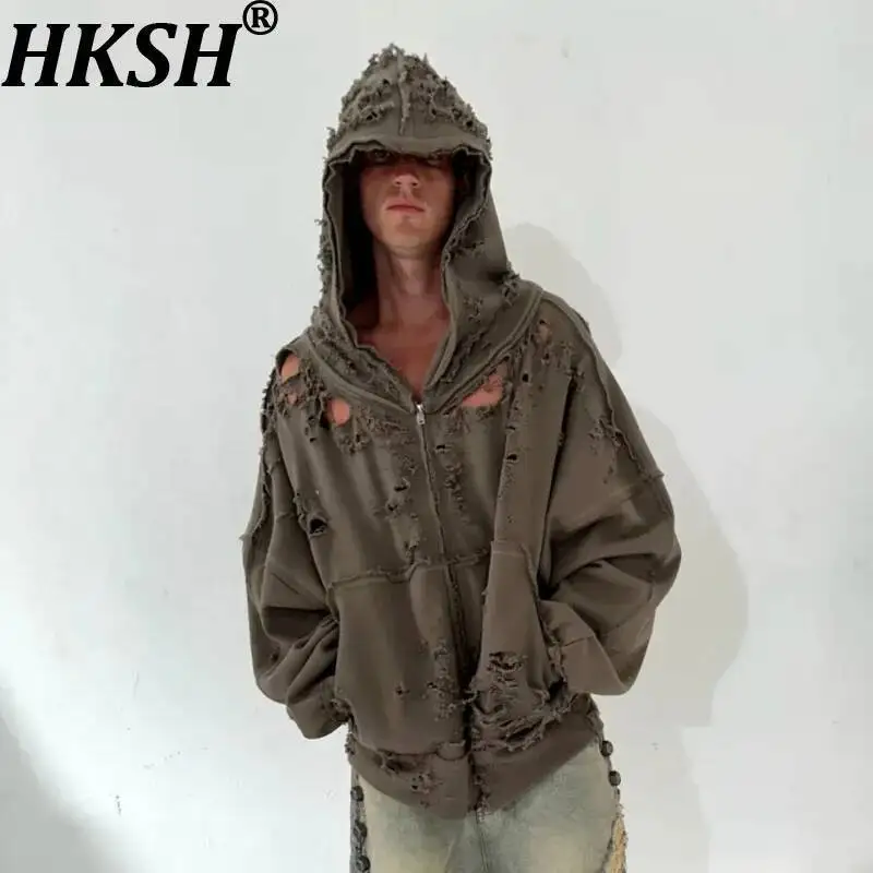 HKSH Spring Autumn New Men Tide Dark Punk Distressed Zipper Sweatshirt Vintage Avant-Garde Chic Ins Trendy Holes Jackets HK16901
