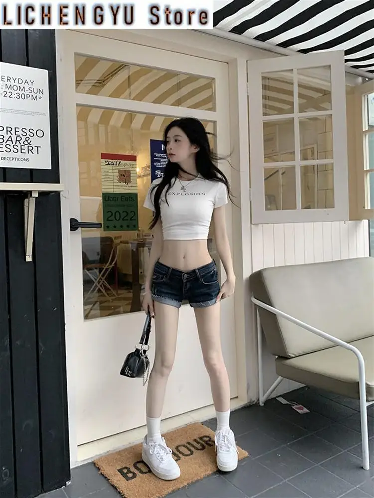 Women's Curled Edge Design Skinny Denim Shorts 90s Summer New Super Hot Girl Street Casual Female Hip Wrap Sexy Mini Shorts