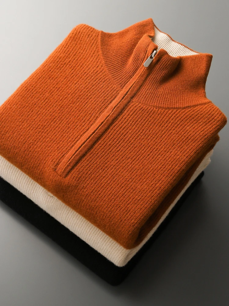 New Men Zipper Mock Neck Cashmere Pullover Autumn Winter 100% Merino Wool Sweater Color Contrast Knitwear Smart Casual Jumpers