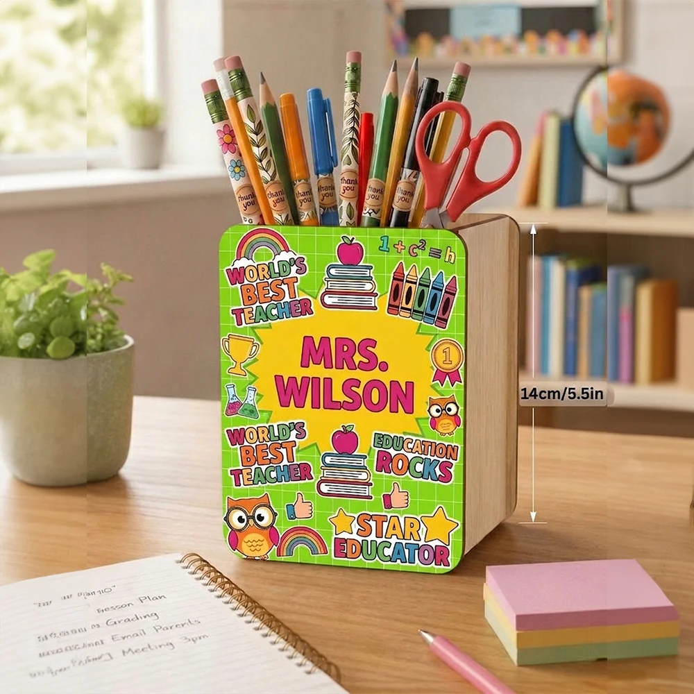 Personalized Custom Name Wooden Pen Organizer,Desk Stationery Storage Caddy,New School Term Gift,Classroom Desktop Decoration