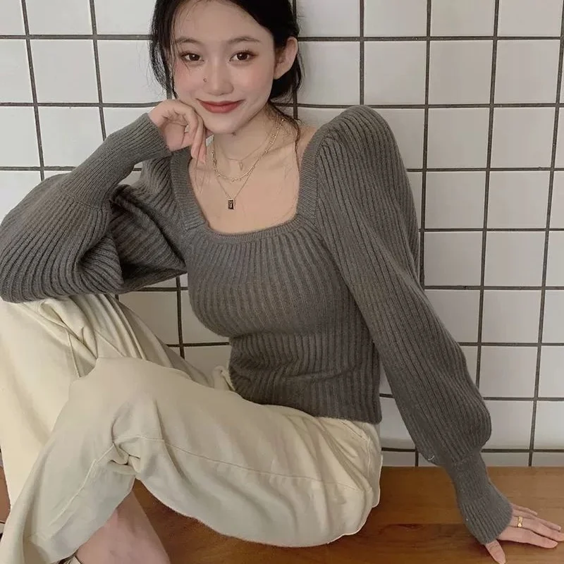 

Pullovers Women Off Shoulder Design Ulzzang Autumn All-match Solid Casual Sexy Ladies Knitting Slim Cropped Students Clothing