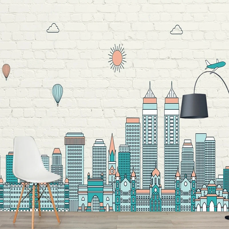 Custom Mural Cartoon City Buildings 3D Brick Wall Pattern Wallpaper for Children's Bedroom Background Decoration Non-woven Paper