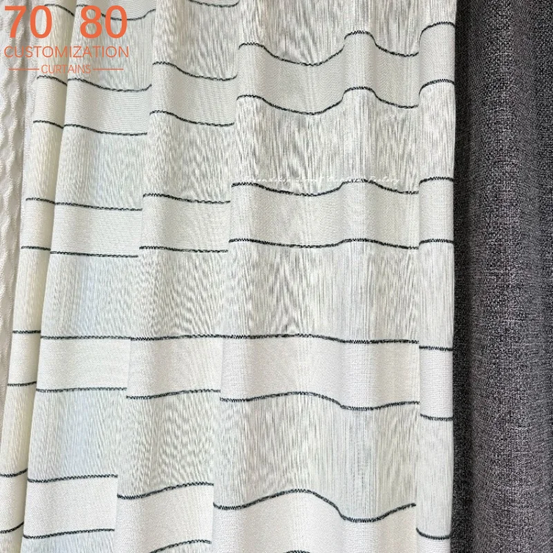 New Customized Cream Stripe Tassel Double-layer Jacquard Curtains for Living Room Bedroom French Window Finished Products