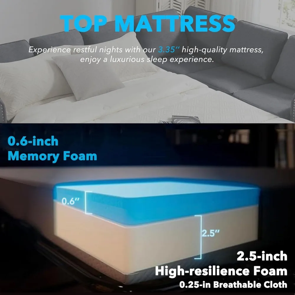 Sofá cama, sofá removível com colchão, sofá de 6 lugares de 104 polegadas, sofá moderno e confortável em forma de L, cinza
