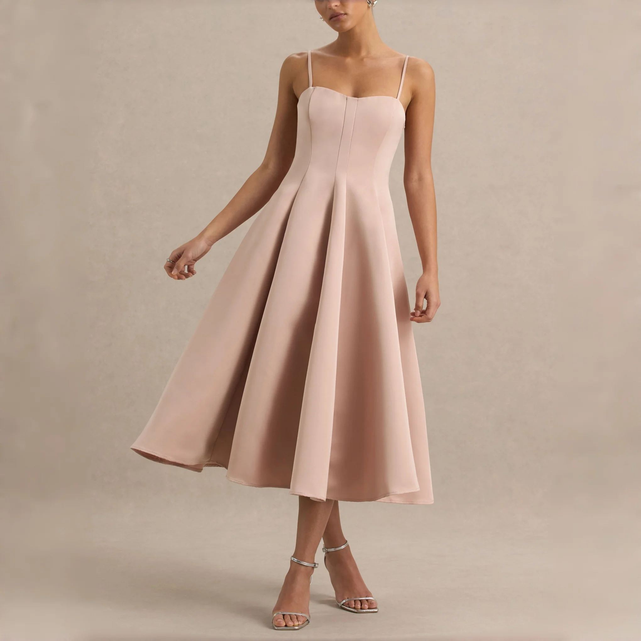Blush Pink Spaghetti Strap Midi Dress Sweetheart Neck A-Line Formal Evening Cocktail Party Bridesmaid Prom Wedding Guest Gown