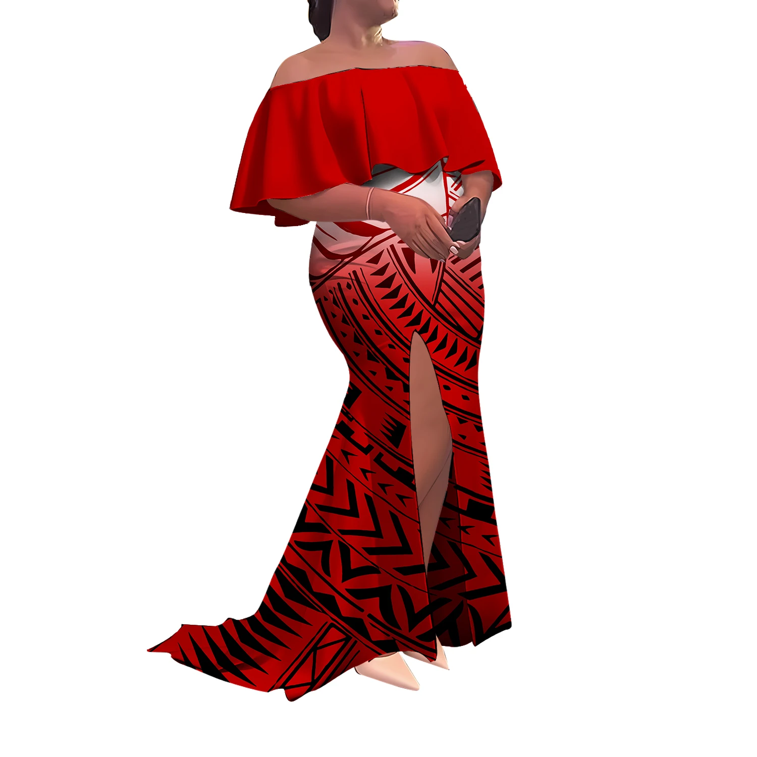 Polynesian Custom-Made Dress With A Semi-Printed One-Shoulder Slit Long Floor-Length Women'S Dress And A Fitted Fishtail Dress