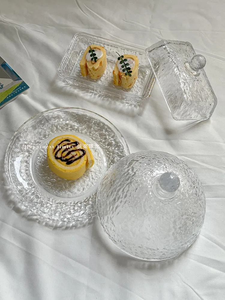 

French ins ice pattern glass cake tray with lid and glass cover fruit tasting tray dessert display tray