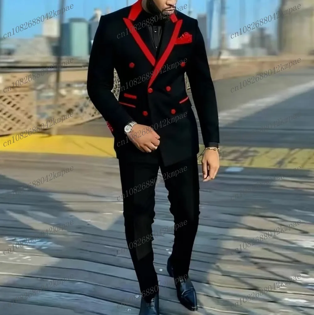 

New Red Collar And Black Men Suit Formal Groom Groomsman Wedding Party Prom Male Business Tuxedos 2 Piece Set Blazer Pants