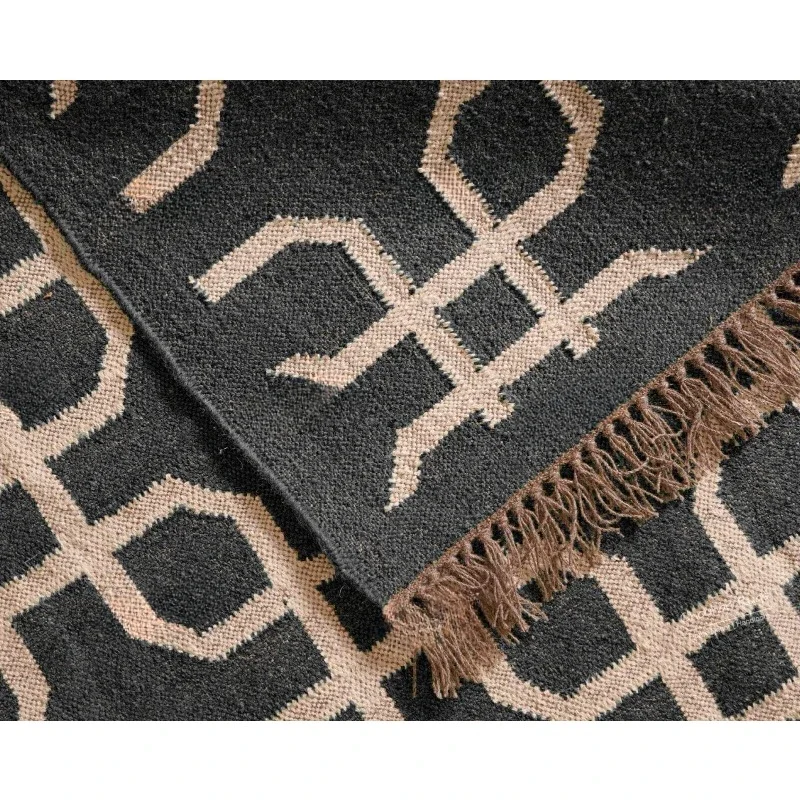 

Black Rectangle Wool Jute Kilim Rug with White Design Rug Fringes Jute Rug