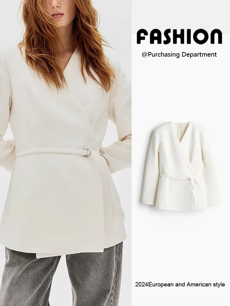 Spring New Arrival Women's Casual Long Sleeve Wrap Style Suit with Belt Simple Design Commute Style Pure Color 1270608