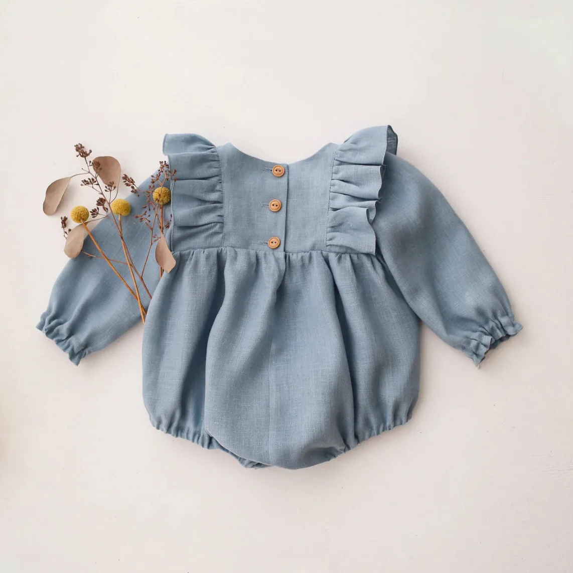 2026 Spring New for Baby Girls Children Clothing Cotton and Hemp Long Sleeves Rompers Embroidered Flowers Rural Style Romper
