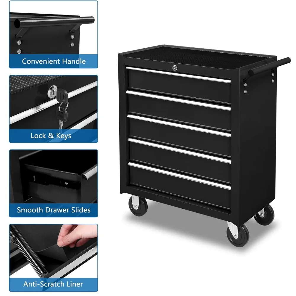 5-Drawer Rolling Tool Chest w/Drawers & Lock, Tool Storage Cabinet with Lockable Wheels, Top Cushion & Drawer Liners