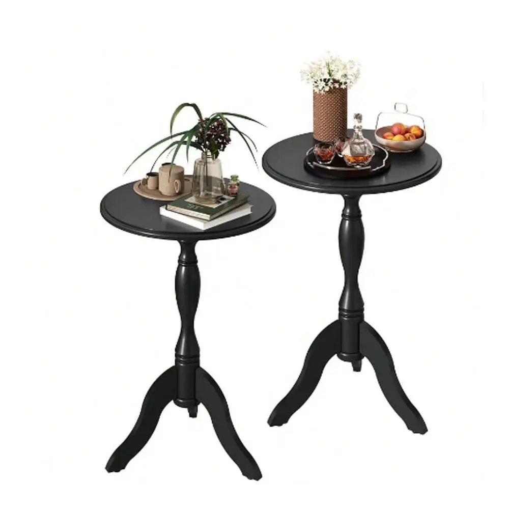 Round Small End Table Set Of 2, Wooden Pedestal Side Coffee Table, 2pcs Vintage Accent Nightstand For Living Room, Bedroom, Ent