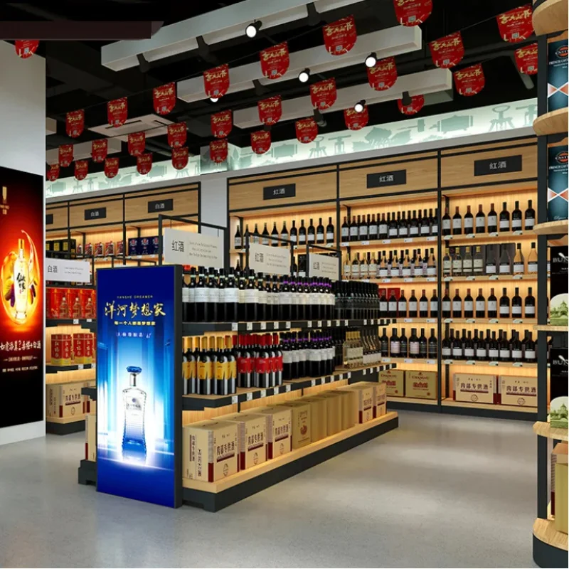 custom.Metal and Wooden Wall Display Shelf Liquor Wine Rack Display Shelving Shop Supermarket