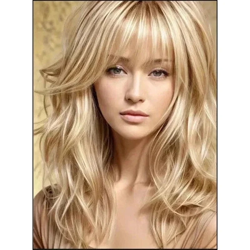 Real  Hair New Fashion Layered Long Golden Blond  Wavy Women's Wigs 20In