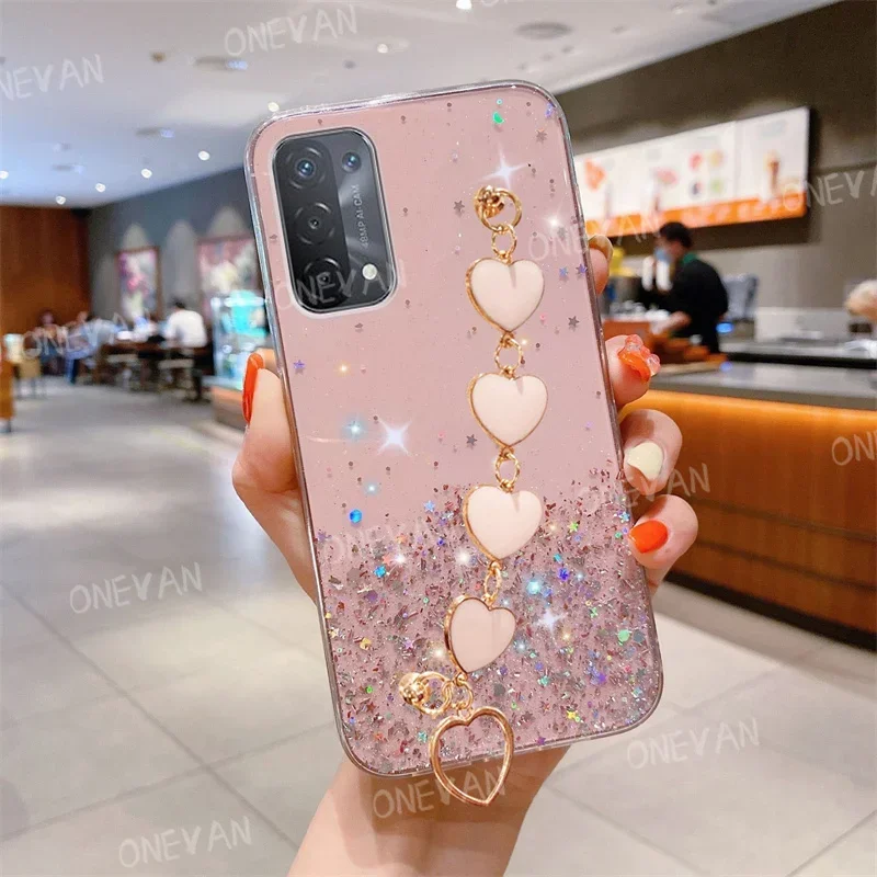 Heart Bracelet Phone Case For OPPO A74 4G A76 A94 A77 For OPPO A74 5G A92 A93 A95 A96 F11 Pro F17 F19 Transparent Glitter Cover