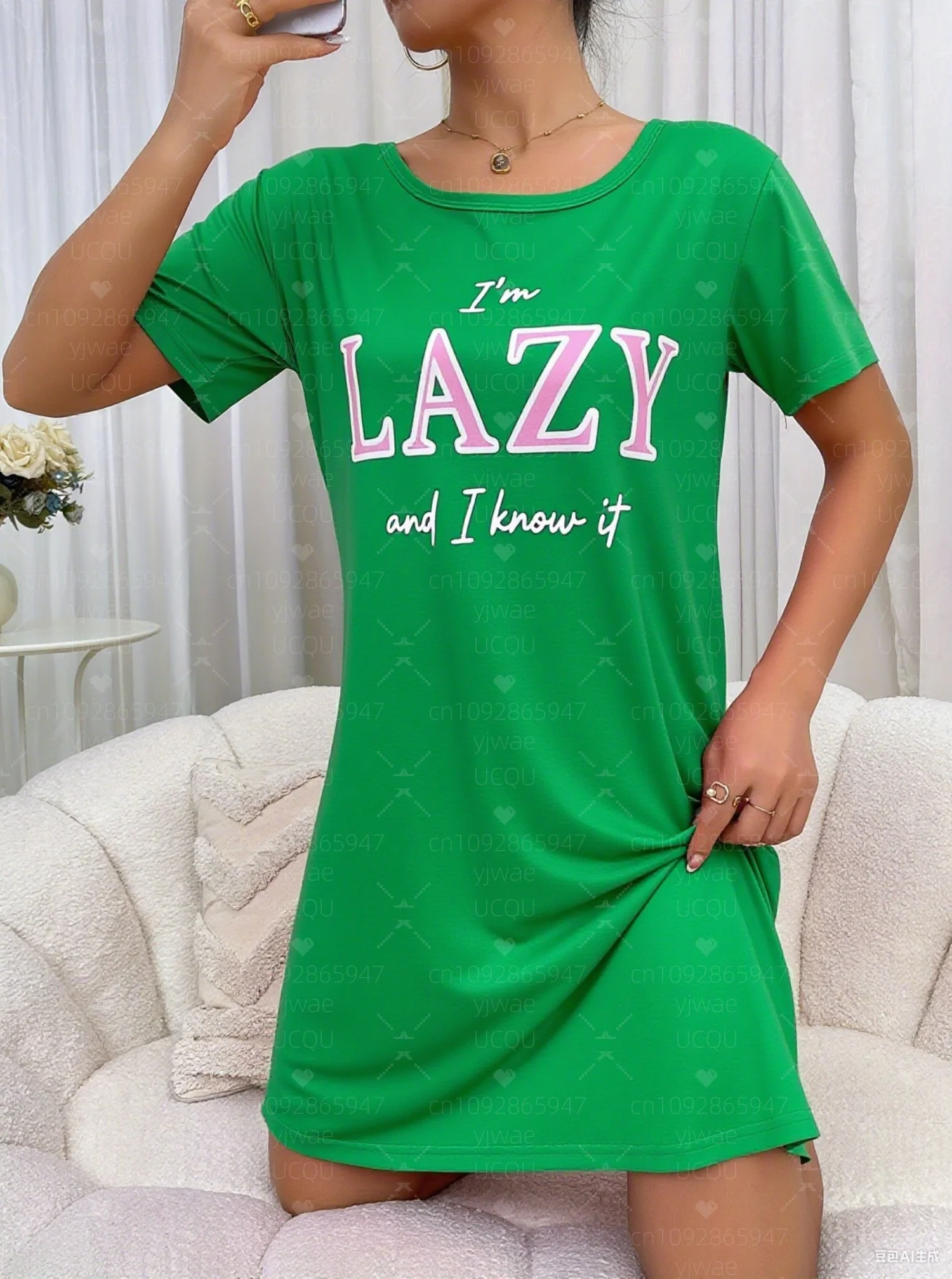 2025 Summer  Women T-Shirt Dress Loose Casual l'm lazy Printed O-Neck Lady Short Sleeve Pullover Dresses Women Clothing