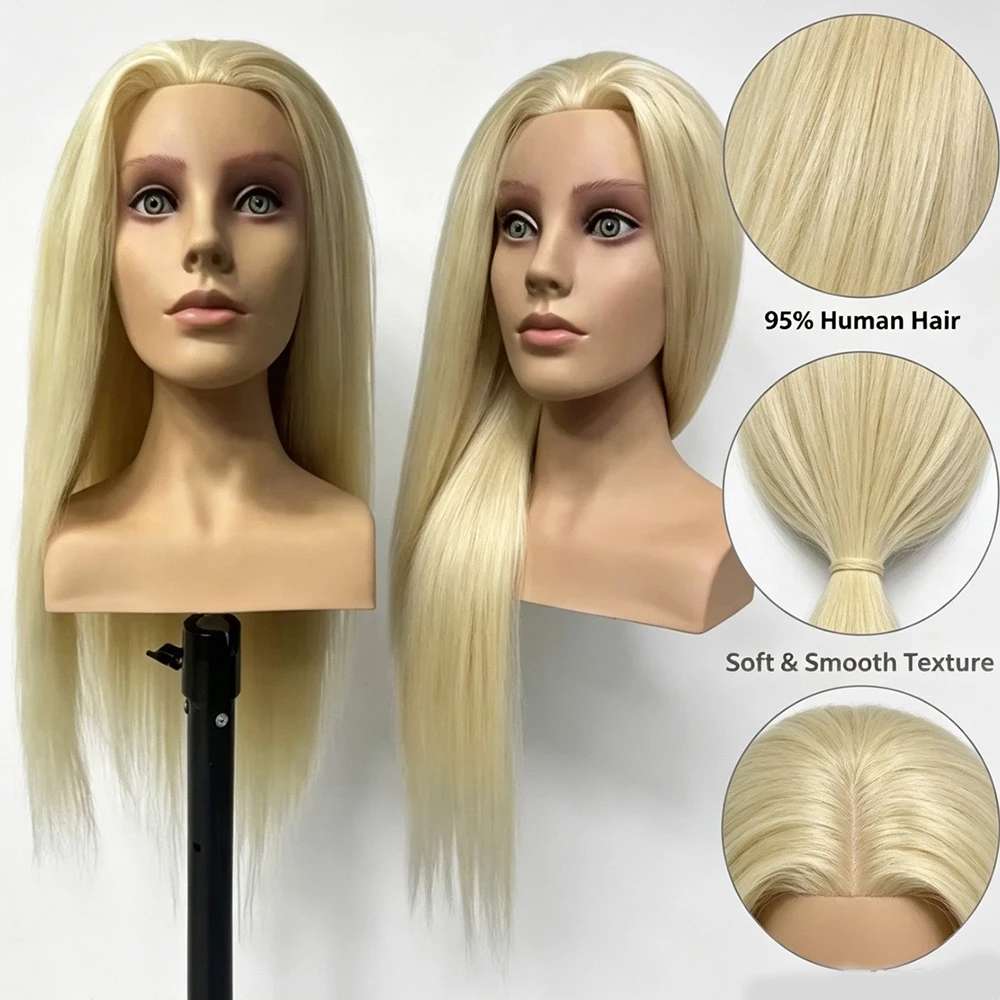 95% Real Hair Mannequin Head with Shoulders, 26 Inch Long Straight Hair, Training Head for Hairdresser Practice Cutting Styling