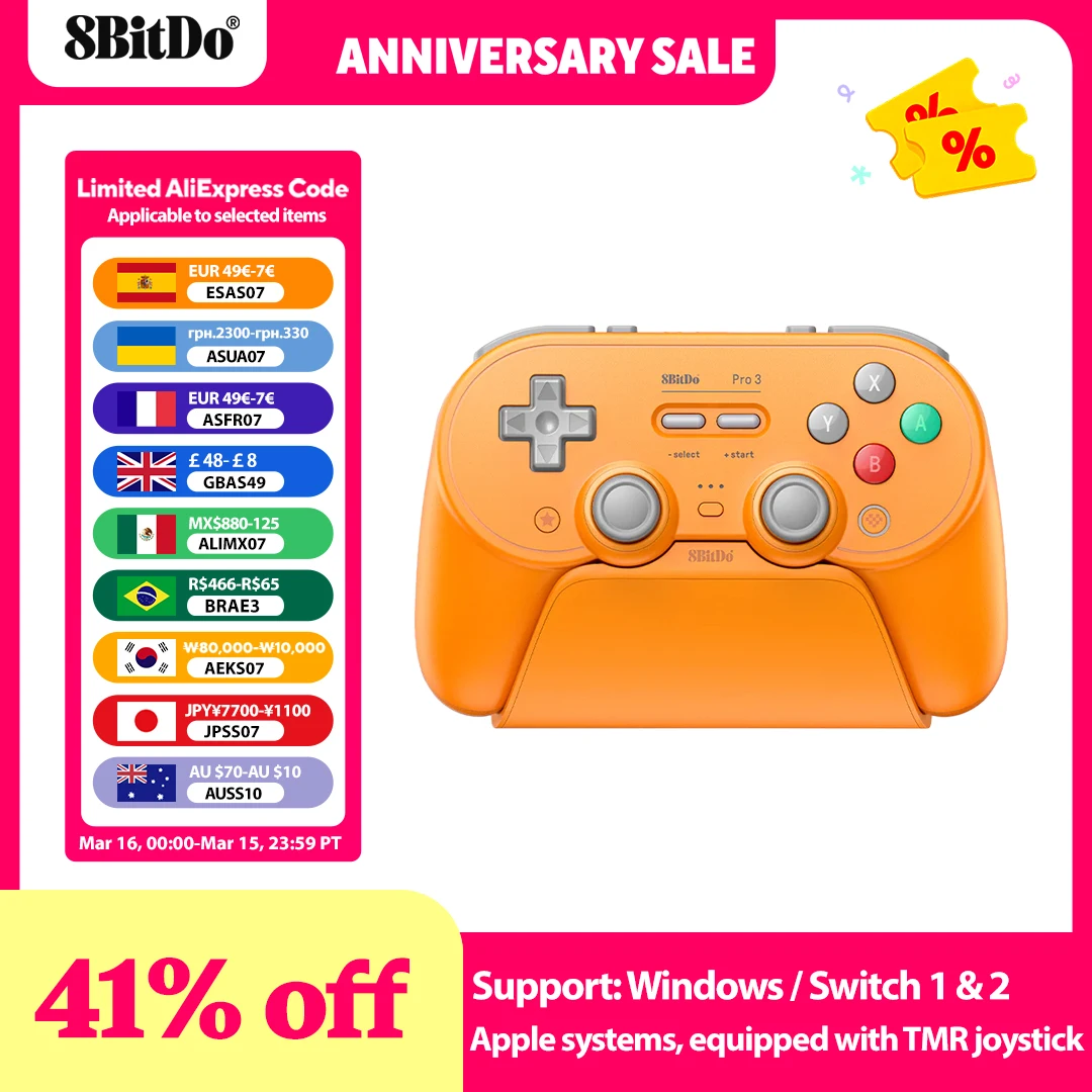 8BitDo - Contrôleur Bluetooth Pro 3 pour Switch 1/2 Windows, Apple, avec joysticks TMR, déclencheurs commutables, bouton échangeable