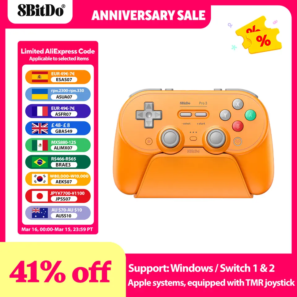 8BitDo - Pro 3 وحدة تحكم بلوتوث لسويتش 1/2 Windows، Apple، بعصي تحكم TMR، زناد قابل للتبديل، زر قابل للتبديل