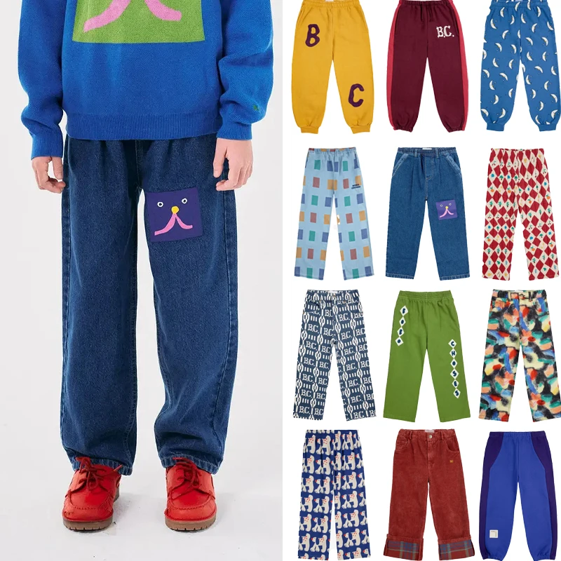 

2024 New Autumn Style Casual Color Block Jeans Baby Printed Sweatpants Winter Kids Warm Casual Pants