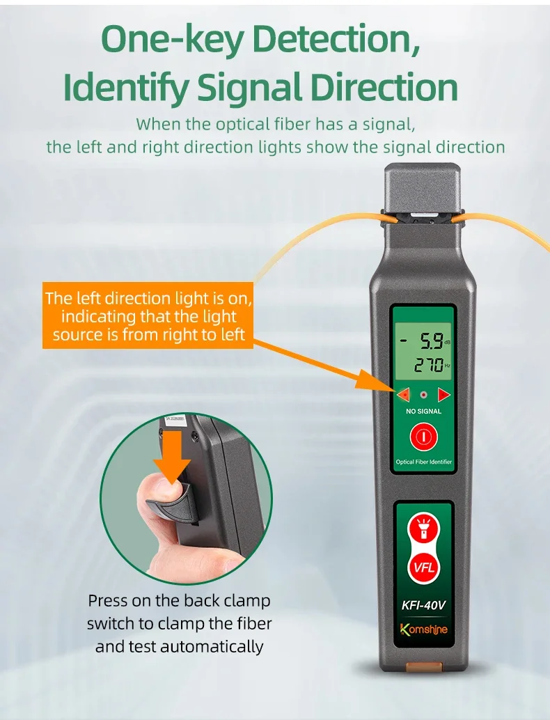 Komshine KFI-40V Fiber Identifier Suitable for 0.25/0.9/2.0/3.0mm Can Identifies Dominant Traffic Direction Live Fiber