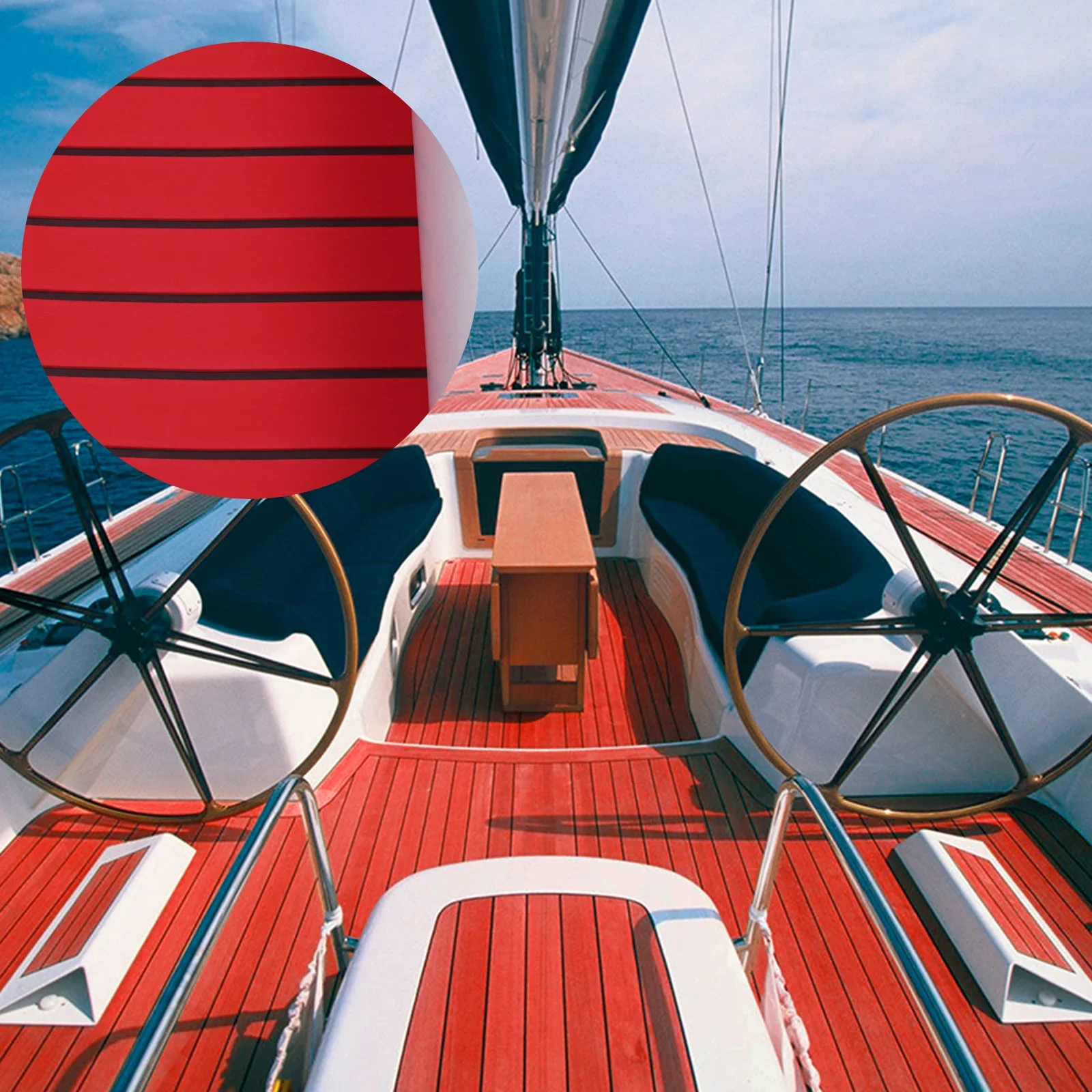 Red with Black Lines EVA Foam Teak Sheet Marine Flooring 35.4x94.5inch Yacht Synthetic Boat Decking Self-Adhesive Pad