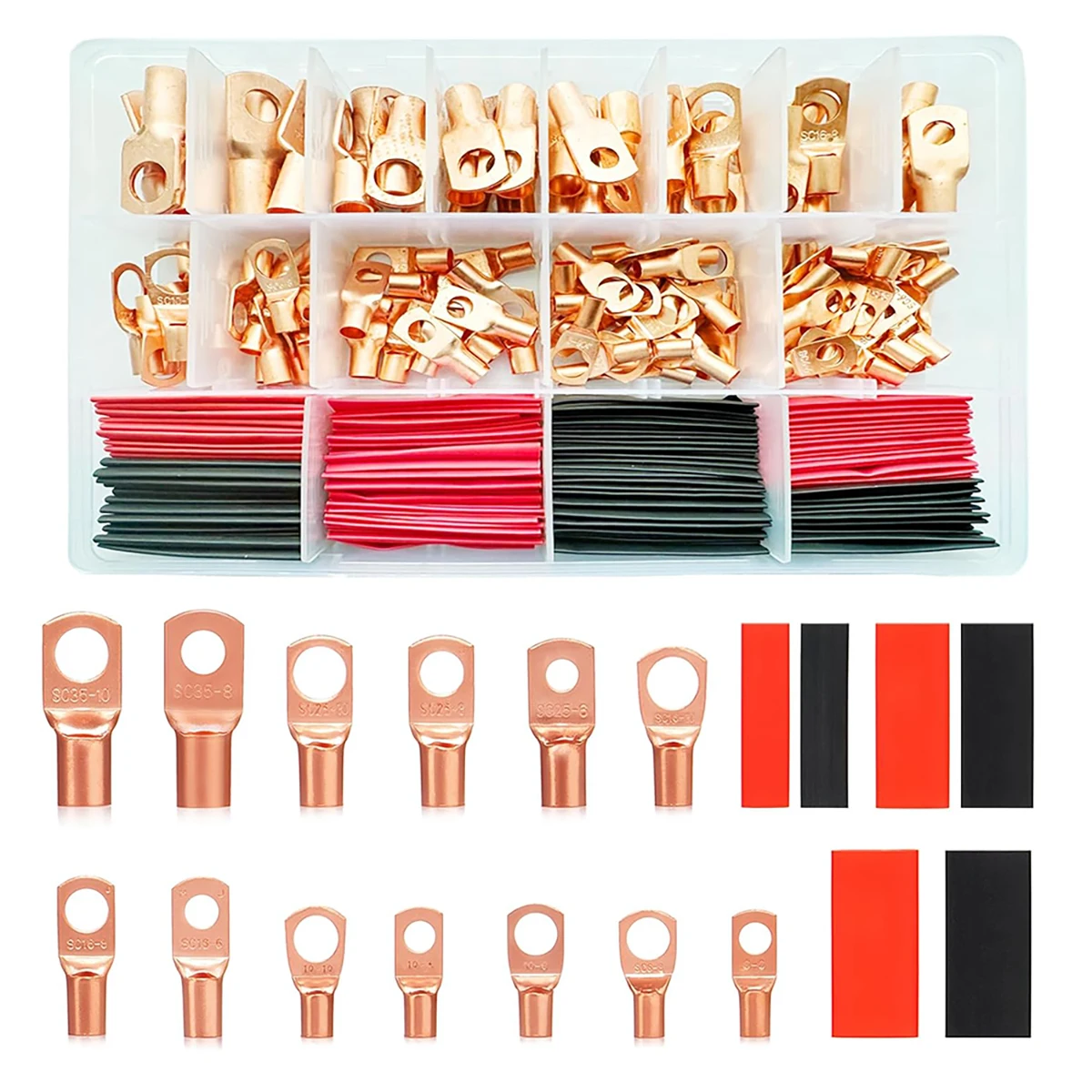 280pcs Copper Wire Lugs Awg 2 4 6 8 10 12 Gauge Wire Connectors,Battery Cable Ends,Copper Ring Terminals with Heat Shrink Kit