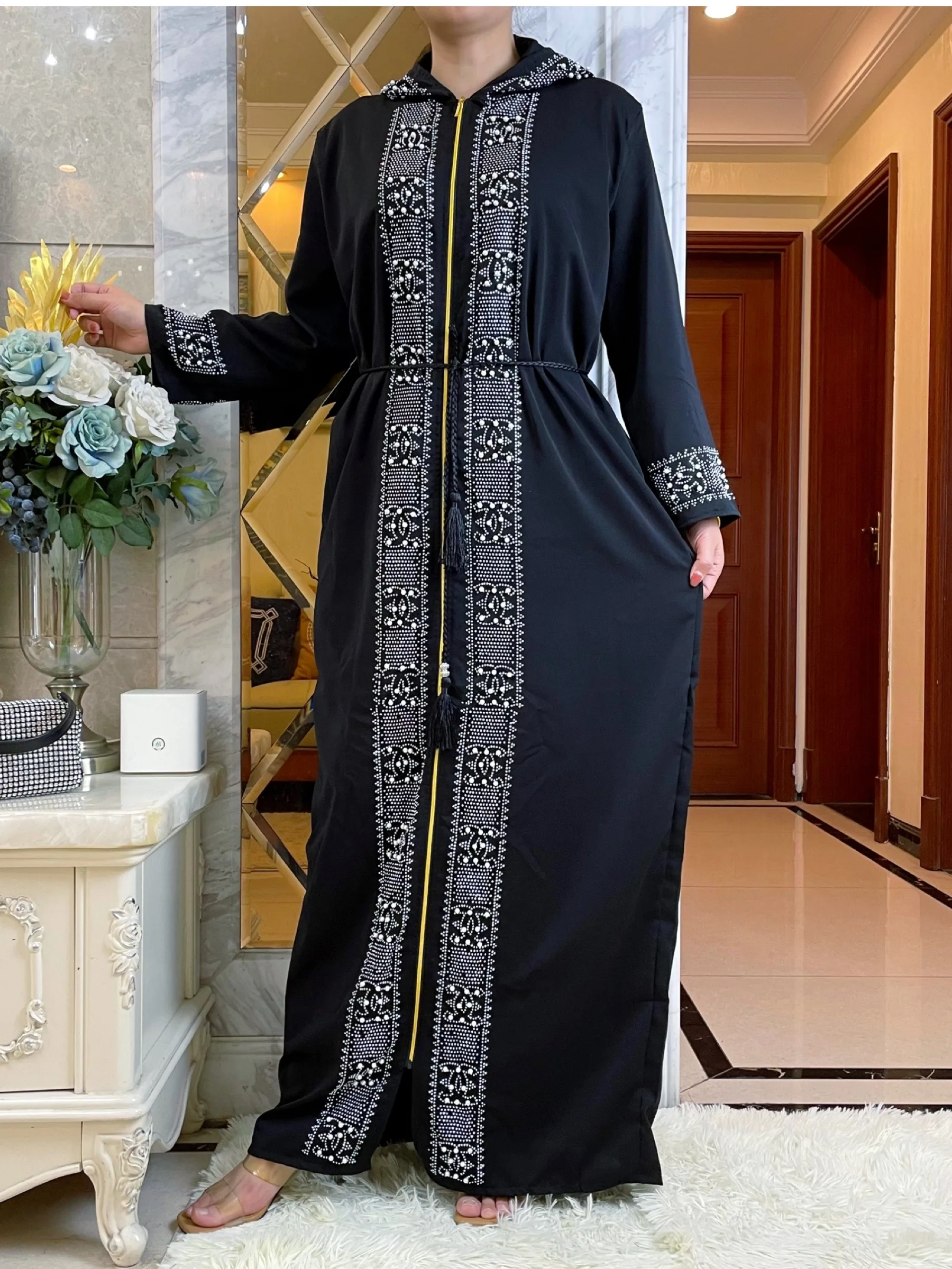 2023African Spring Long-Sleeved Zipper Dress Muslim Style Robe Fashion Hot Drill Elegant Women Abaya With Hat