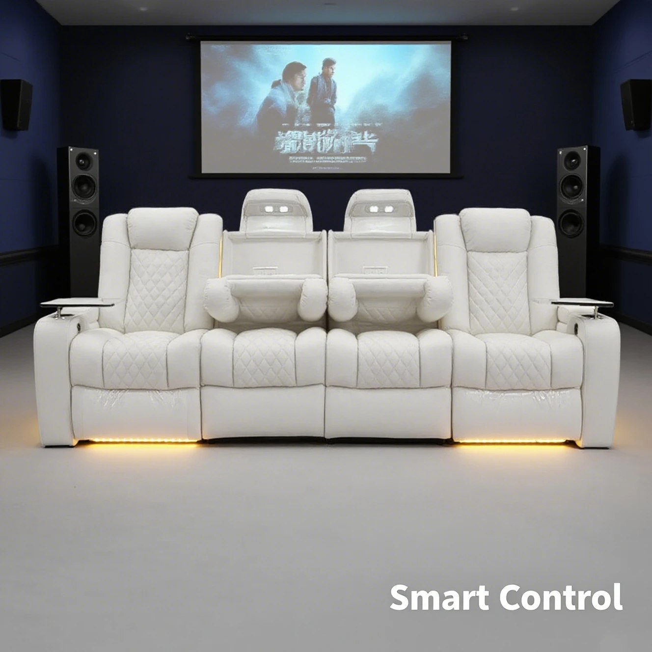 White Wood Frame Smart Home Theater Sofa Power Recline Ambient Lighting USB Charging | Modern Design for Living Room Commercial