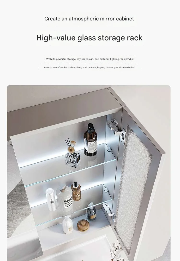 Modern Single Ceramic Sink Bathroom Vanity Set Hot Floating 2 Drawers Open Floor Mounted MDF Cabinet Lacquer Mirror Wooden Steel