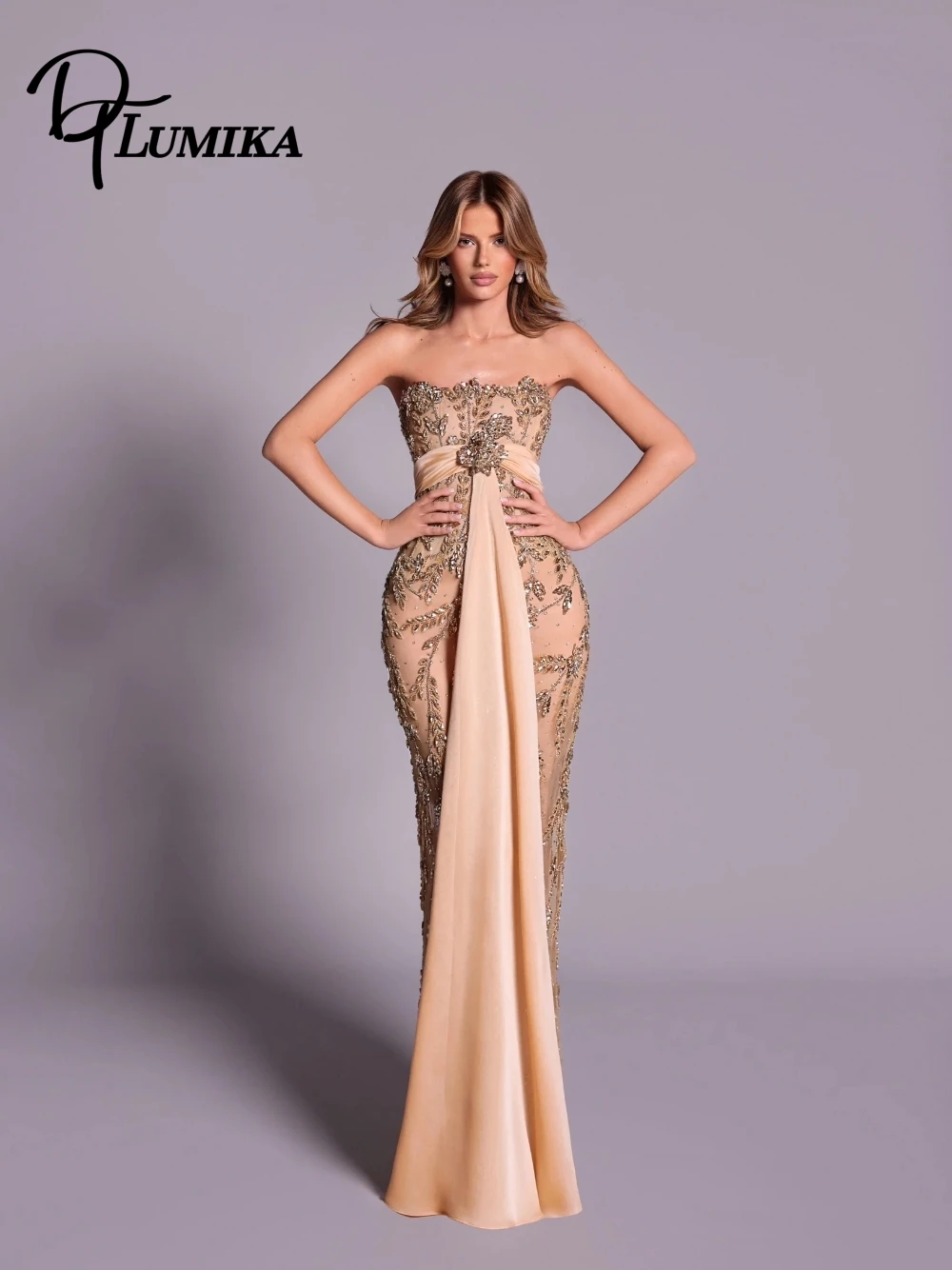 

Elegant Beaded Mermaid Evening Dress Strapless Sheer Mesh Party Gown With Floral Gold Embroidery Illusion Customized Prom Wear
