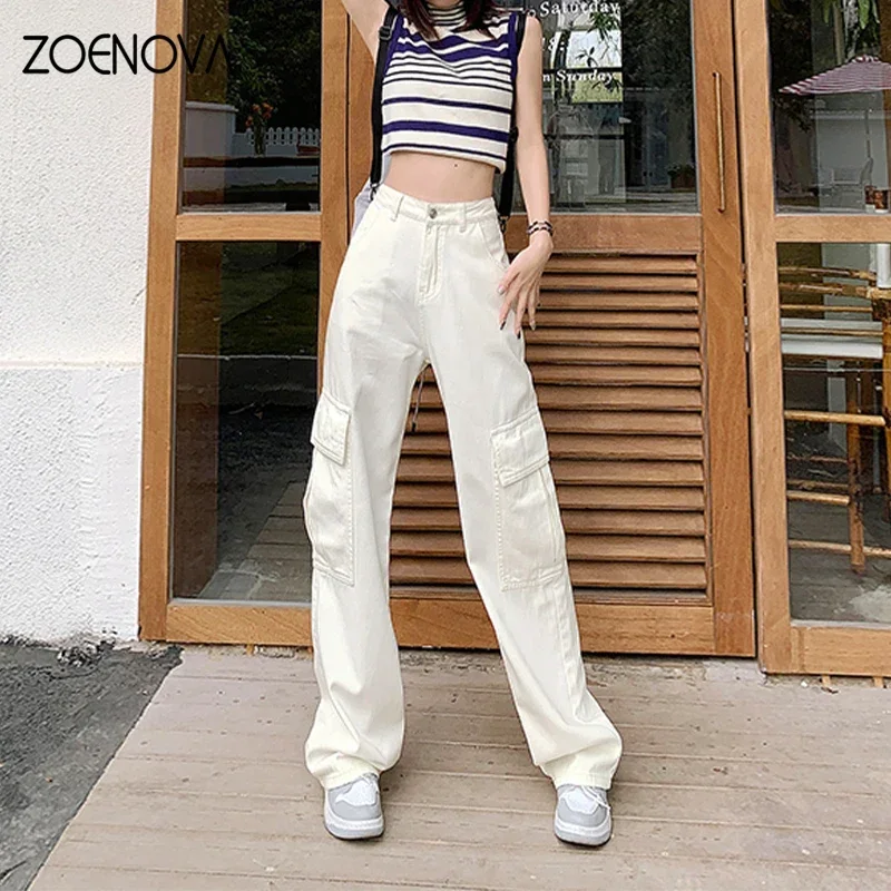 

ZOENOVA Fashion Women's Casual Overalls 2023 Summer New Loose All-match Special Pocket Wide-leg Pants High Street Trendy Jeans