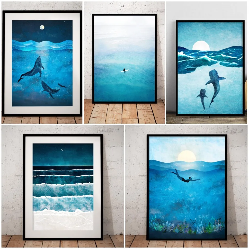 Impresiones en lienzo de océano azul, arte de pared náutico minimalista, ballenas de natación salvaje, póster de paisaje marino, imagen de ondas de surfista, decoración del hogar