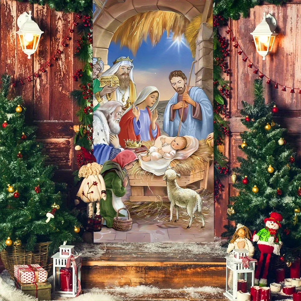 مشهد ميلاد يسوع خلفية عيد الميلاد السنة الجديدة النجوم الساطعة راية الأسرة المقدسة المنزل الدينية الجدار الديكور غطاء الباب #1