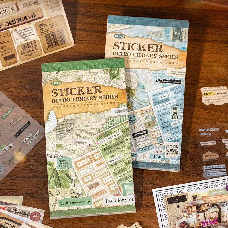 Mr. Paper-libro de pegatinas de biblioteca Vintage, suministros para diario con letras en inglés, decoración de Collage clásica, papelería temática literaria, 24 Uds.
