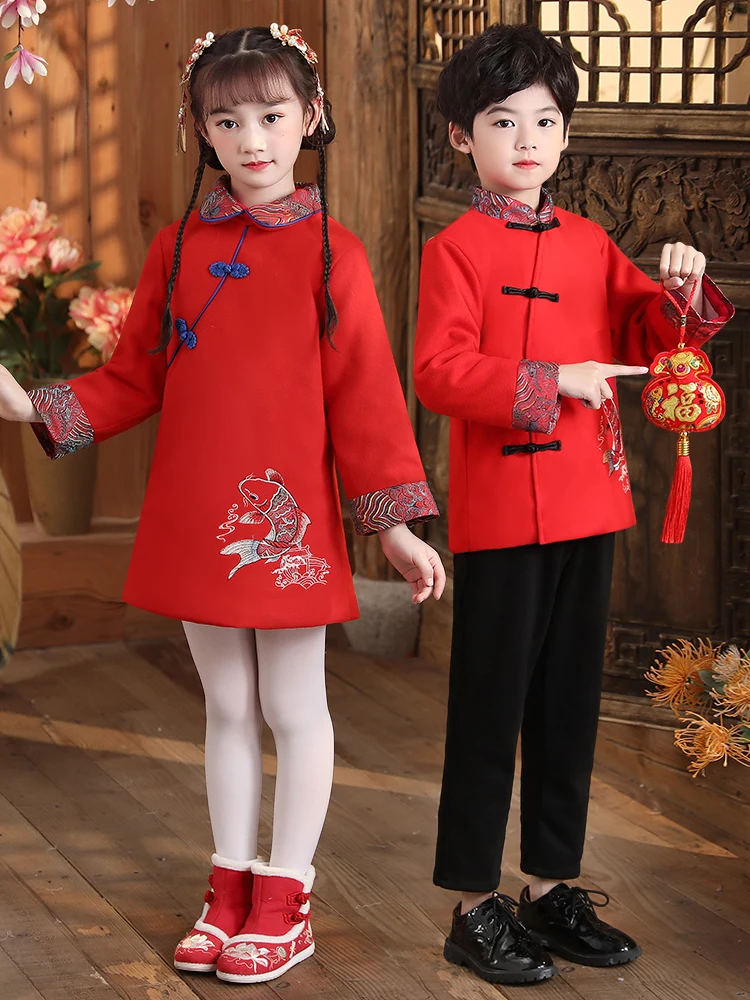 

Яркий детский костюм для выступлений, красный новогодний танцевальный наряд, зимний праздничный костюм для детского сада на Новый год