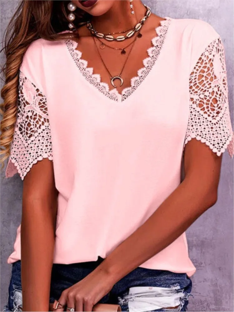 New Women's Tops With Lace Stitching Loose V-neck Short-sleeved Solid Color T-shirts Casual Commuting Daily Streetwear Blouse