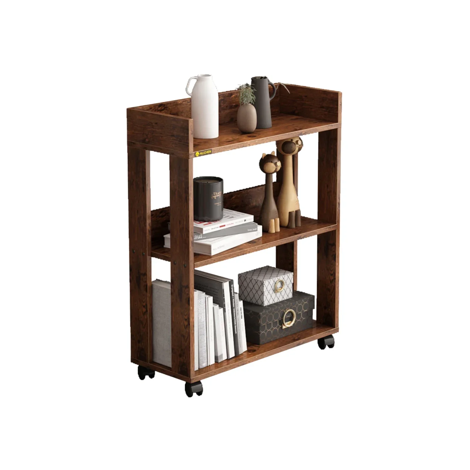 3-Tier Open Bookshelf, Bookshelves Storage Display Cabinet with Universal Wheels, Movable Standing Bookcase, Wood Storage Rack