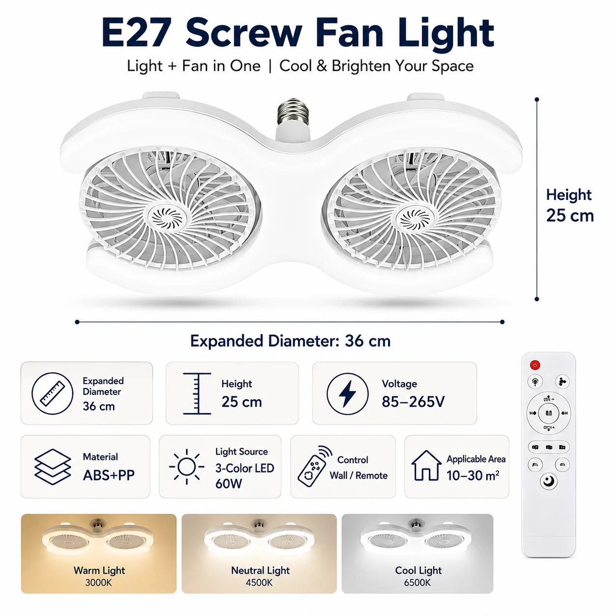 60W LED Ceiling Fan Lights with Remote E27 Socket Low Floor Double Fans Lamp Fit for Living Room Bedroom Dining Room Fan Fixture
