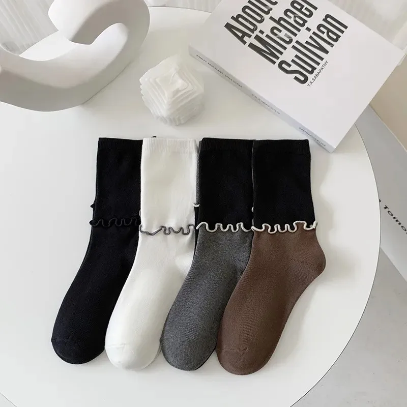 Women's Autumn Winter Socks Ear Side Asymmetrical Color Matching Cotton Comfort Fashion Personality Design Mid-tube Simple Sock